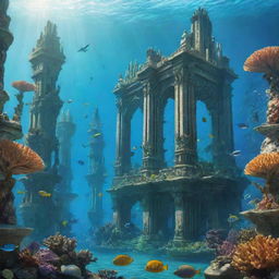 A sunlit, underwater cityscape embodying the mythical city of Atlantis, with grand futuristic structures, dazzling bioluminescent corals, and sea creatures gliding between the buildings.