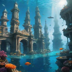 A sunlit, underwater cityscape embodying the mythical city of Atlantis, with grand futuristic structures, dazzling bioluminescent corals, and sea creatures gliding between the buildings.