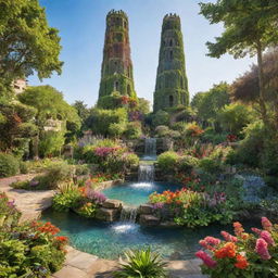 An idyllic garden with multiple types of lush greenery, vibrant multi-coloured flowers, and bubbling crystal clear water features, nestled around a tall, uniquely designed tower akin to the mythical Tower of Babel, enhanced by striking sunlight.