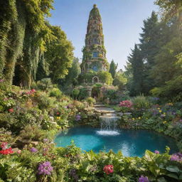 An idyllic garden with multiple types of lush greenery, vibrant multi-coloured flowers, and bubbling crystal clear water features, nestled around a tall, uniquely designed tower akin to the mythical Tower of Babel, enhanced by striking sunlight.