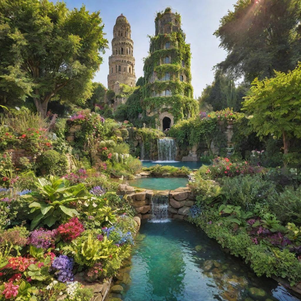 An idyllic garden with multiple types of lush greenery, vibrant multi-coloured flowers, and bubbling crystal clear water features, nestled around a tall, uniquely designed tower akin to the mythical Tower of Babel, enhanced by striking sunlight.