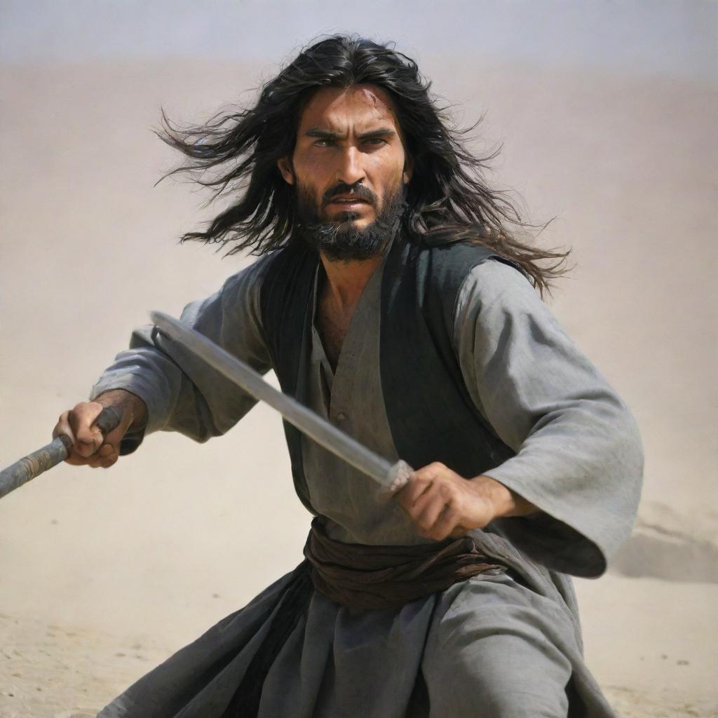 A long-haired Afghani man, displaying a strong and powerful countenance, as he strikes with a sword in fluid action.