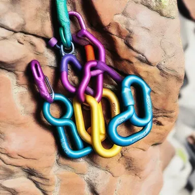 The trendy rock climber accessorized her climbing gear with a fashionable karabiner that had a unique design and vibrant colors.