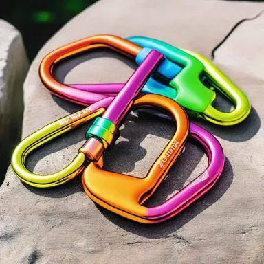 The trendy rock climber accessorized her climbing gear with a fashionable karabiner that had a unique design and vibrant colors.