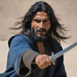 A long-haired Afghani man, displaying a strong and powerful countenance, as he strikes with a sword in fluid action.