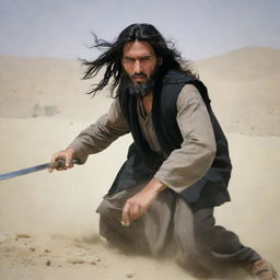 A long-haired Afghani man, displaying a strong and powerful countenance, as he strikes with a sword in fluid action.