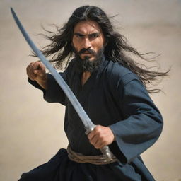 A long-haired Afghani man, displaying a strong and powerful countenance, as he strikes with a sword in fluid action.