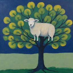 An acrylic painting depicting a sheep perched in a tree, rendered in broad, coarse lines. The bottom half of the background blends green and yellow, while the top half is dark blue, accentuating the simplified abstract form of the drawing.