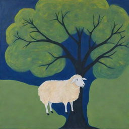 An acrylic painting depicting a sheep perched in a tree, rendered in broad, coarse lines. The bottom half of the background blends green and yellow, while the top half is dark blue, accentuating the simplified abstract form of the drawing.