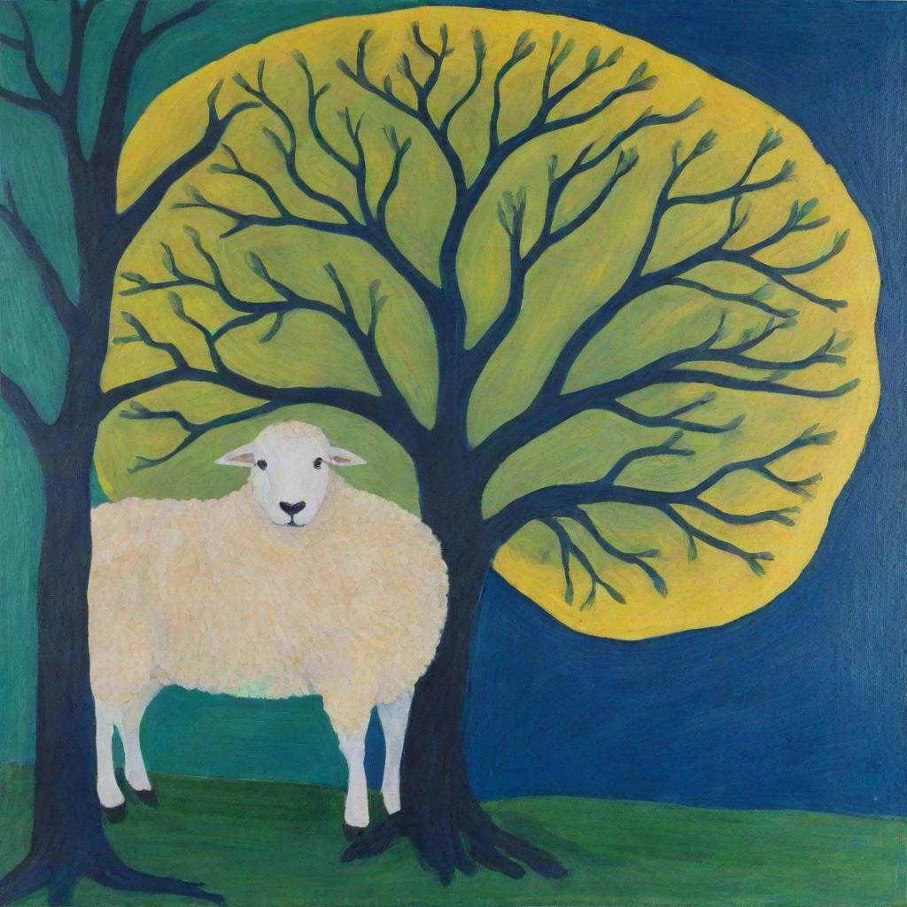 An acrylic painting depicting a sheep perched in a tree, rendered in broad, coarse lines. The bottom half of the background blends green and yellow, while the top half is dark blue, accentuating the simplified abstract form of the drawing.