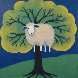 An acrylic painting depicting a sheep perched in a tree, rendered in broad, coarse lines. The bottom half of the background blends green and yellow, while the top half is dark blue, accentuating the simplified abstract form of the drawing.