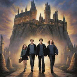 An intricate illustration of the cover artwork for 'Harry Potter and the Chamber of Secrets', featuring Harry, Ron, and Hermione against a background of the Hogwarts castle and the mystical chamber.