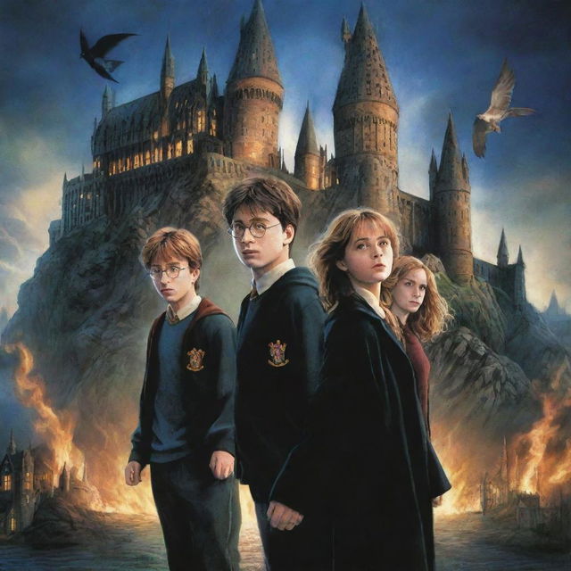 An intricate illustration of the cover artwork for 'Harry Potter and the Chamber of Secrets', featuring Harry, Ron, and Hermione against a background of the Hogwarts castle and the mystical chamber.