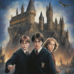 An intricate illustration of the cover artwork for 'Harry Potter and the Chamber of Secrets', featuring Harry, Ron, and Hermione against a background of the Hogwarts castle and the mystical chamber.