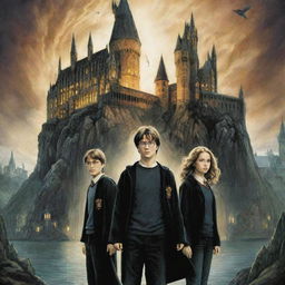 An intricate illustration of the cover artwork for 'Harry Potter and the Chamber of Secrets', featuring Harry, Ron, and Hermione against a background of the Hogwarts castle and the mystical chamber.