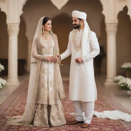 Illustration of a modestly dressed bride in a fancy bridal shalwar kameez and a groom in a white sherwani, participating in the Nikkah ceremony.