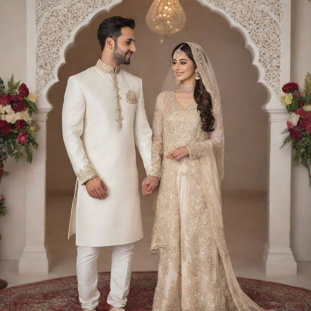 Illustration of a modestly dressed bride in a fancy bridal shalwar kameez and a groom in a white sherwani, participating in the Nikkah ceremony.