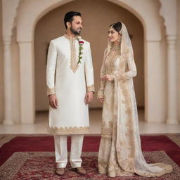 Illustration of a modestly dressed bride in a fancy bridal shalwar kameez and a groom in a white sherwani, participating in the Nikkah ceremony.