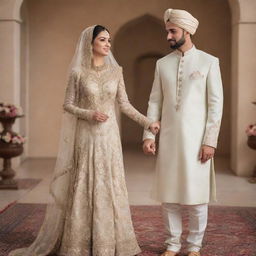 Illustration of a modestly dressed bride in a fancy bridal shalwar kameez and a groom in a white sherwani, participating in the Nikkah ceremony.