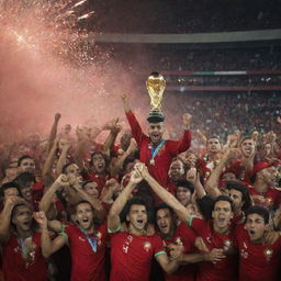 A victorious Moroccan soccer team holding the World Cup trophy high in a stadium packed with cheering fans, fireworks exploding in the night sky.