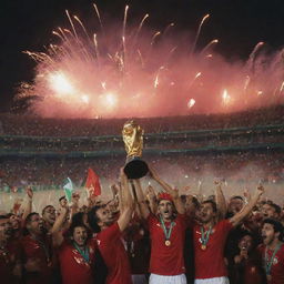 A victorious Moroccan soccer team holding the World Cup trophy high in a stadium packed with cheering fans, fireworks exploding in the night sky.