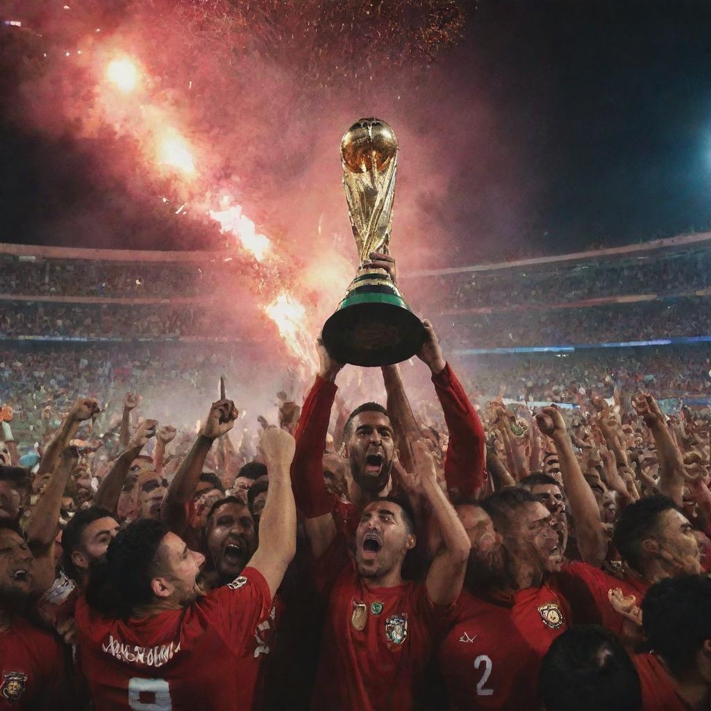 A victorious Moroccan soccer team holding the World Cup trophy high in a stadium packed with cheering fans, fireworks exploding in the night sky.