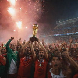 A victorious Moroccan soccer team holding the World Cup trophy high in a stadium packed with cheering fans, fireworks exploding in the night sky.