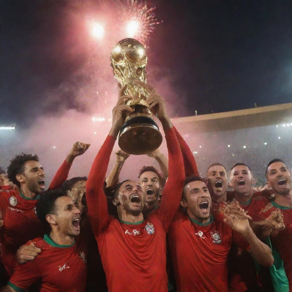 Moroccan footballers joyfully lifting the African Cup in a triumphant celebration, under a sky filled with fireworks