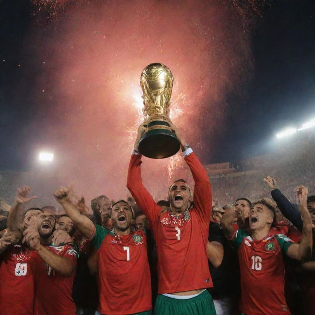 Moroccan footballers joyfully lifting the African Cup in a triumphant celebration, under a sky filled with fireworks