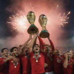 Moroccan footballers joyfully lifting the African Cup in a triumphant celebration, under a sky filled with fireworks