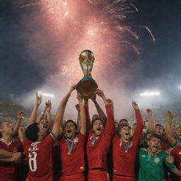 Moroccan footballers joyfully lifting the African Cup in a triumphant celebration, under a sky filled with fireworks