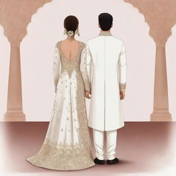 A cartoon illustration featuring the rear view of a bride in a fancy bridal shalwar kameez and a groom in a white sherwani, no faces visible.