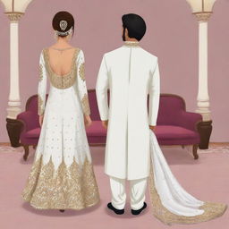 A cartoon illustration featuring the rear view of a bride in a fancy bridal shalwar kameez and a groom in a white sherwani, no faces visible.