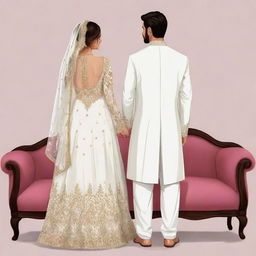 A cartoon illustration featuring the rear view of a bride in a fancy bridal shalwar kameez and a groom in a white sherwani, no faces visible.