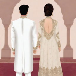 A cartoon illustration featuring the rear view of a bride in a fancy bridal shalwar kameez and a groom in a white sherwani, no faces visible.