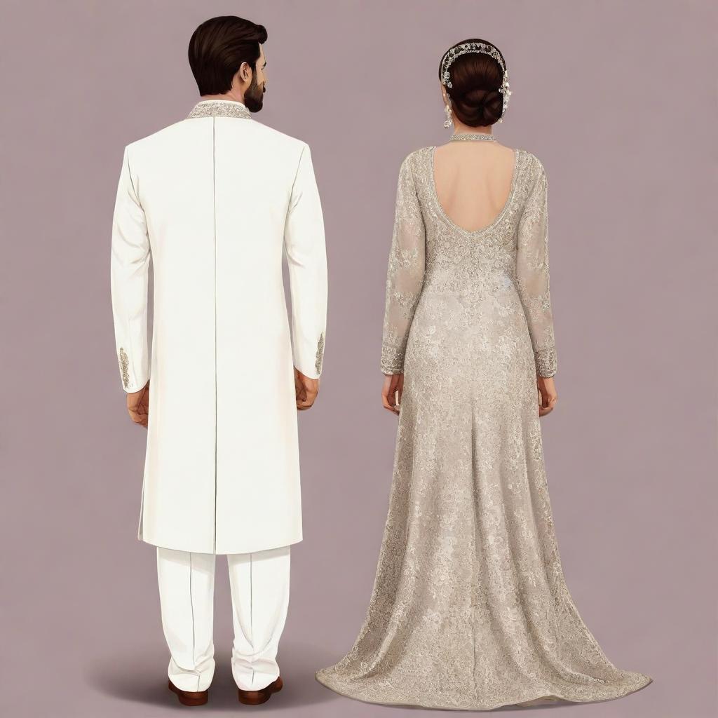 Cartoon illustration of a bride in a fancy shalwar kameez and a groom in a white sherwani, both viewed from the back with no faces visible.