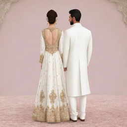 Cartoon illustration of a bride in a fancy shalwar kameez and a groom in a white sherwani, both viewed from the back with no faces visible.