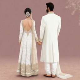 Cartoon illustration of a bride in a fancy shalwar kameez and a groom in a white sherwani, both viewed from the back with no faces visible.