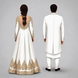 Cartoon illustration of a bride in a fancy shalwar kameez and a groom in a white sherwani, both viewed from the back with no faces visible.