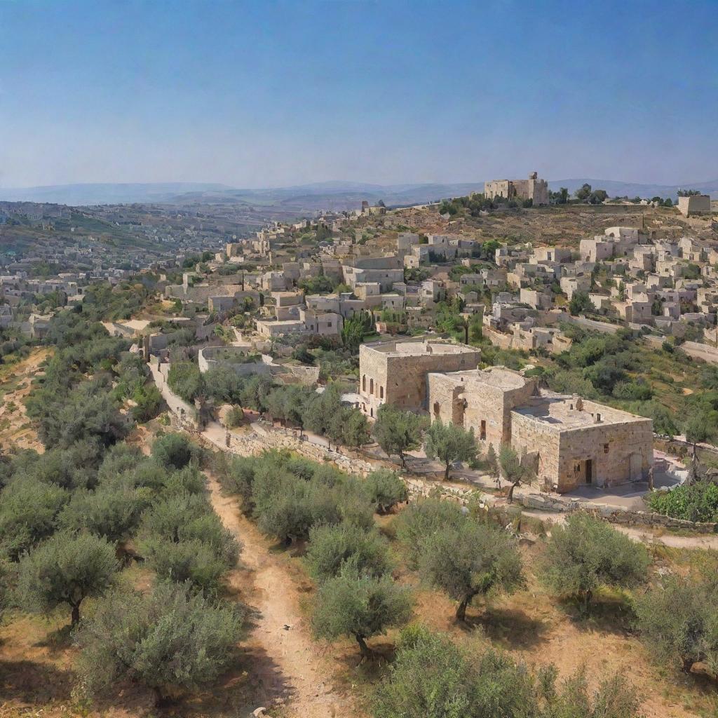 A serene image of a peaceful Palestine, with olive trees, blooming flowers, traditional stone houses, clear blue skies, and people celebrating their freedom.