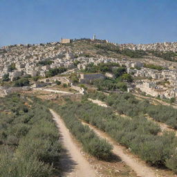 A serene image of a peaceful Palestine, with olive trees, blooming flowers, traditional stone houses, clear blue skies, and people celebrating their freedom.