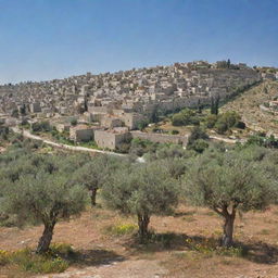 A serene image of a peaceful Palestine, with olive trees, blooming flowers, traditional stone houses, clear blue skies, and people celebrating their freedom.