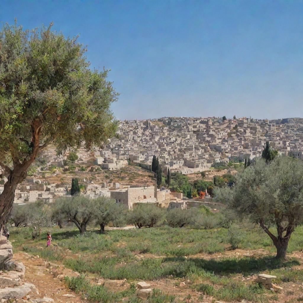 A serene image of a peaceful Palestine, with olive trees, blooming flowers, traditional stone houses, clear blue skies, and people celebrating their freedom.