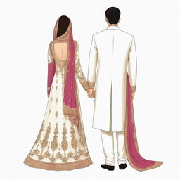 Cartoon illustration of a modestly dressed bride in a shalwar kameez with a dupatta, and a groom in a white sherwani. Both are viewed from the back, with no faces shown.