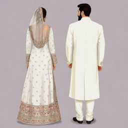 Cartoon illustration of a modestly dressed bride in a shalwar kameez with a dupatta, and a groom in a white sherwani. Both are viewed from the back, with no faces shown.