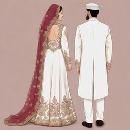 Cartoon illustration of a modestly dressed bride in a shalwar kameez with a dupatta, and a groom in a white sherwani. Both are viewed from the back, with no faces shown.