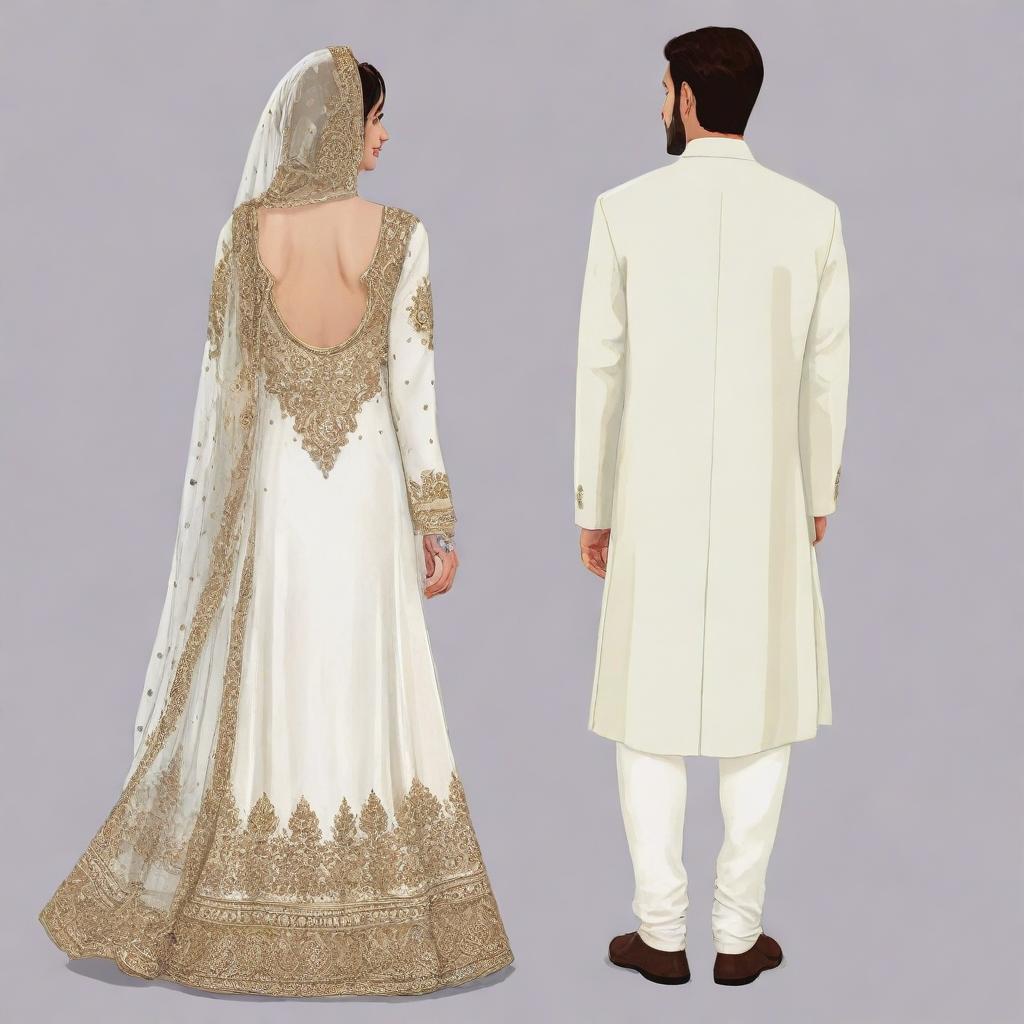 Cartoon illustration of a modestly dressed bride in a shalwar kameez with a dupatta, and a groom in a white sherwani. Both are viewed from the back, with no faces shown.