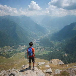 A young boy trekking with a breathtaking panoramic view from the top of a vast valley.