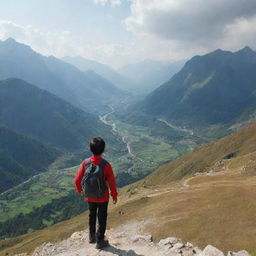 A young boy trekking with a breathtaking panoramic view from the top of a vast valley.