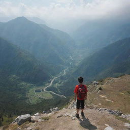 A young boy trekking with a breathtaking panoramic view from the top of a vast valley.